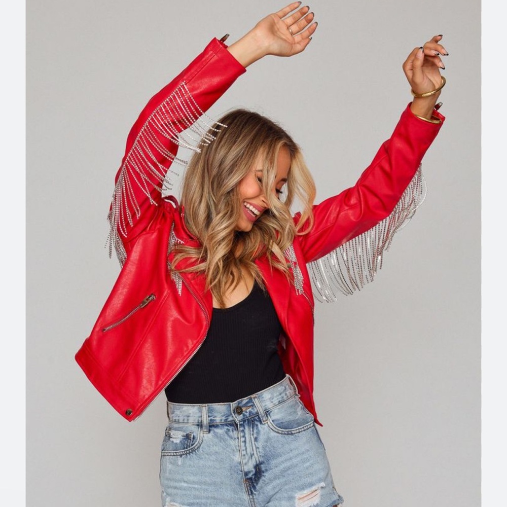 RIFE CRYSTAL FRINGE VEGAN LEATHER JACKET - RED
